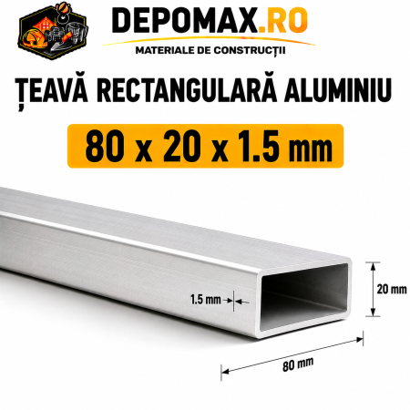 Teava rectangulara aluminiu 80 x 20 x 1.5 mm, 6 metri (EN AW-6060)